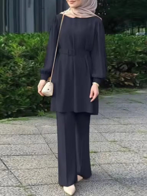 Elegant Modest Two-Piece Set – Belted Tunic & Wide-Leg Pants