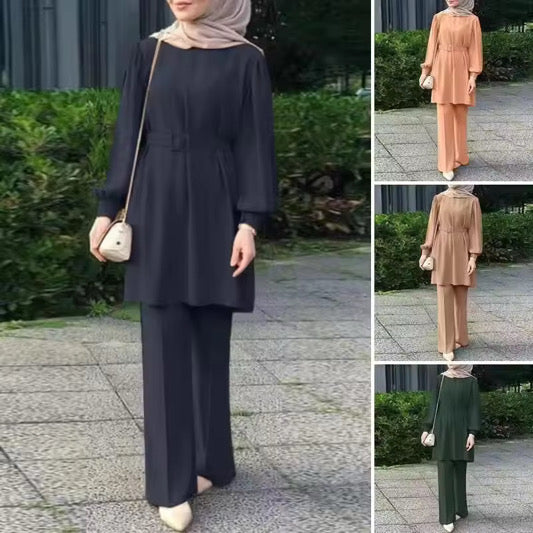 Elegant Modest Two-Piece Set – Belted Tunic & Wide-Leg Pants