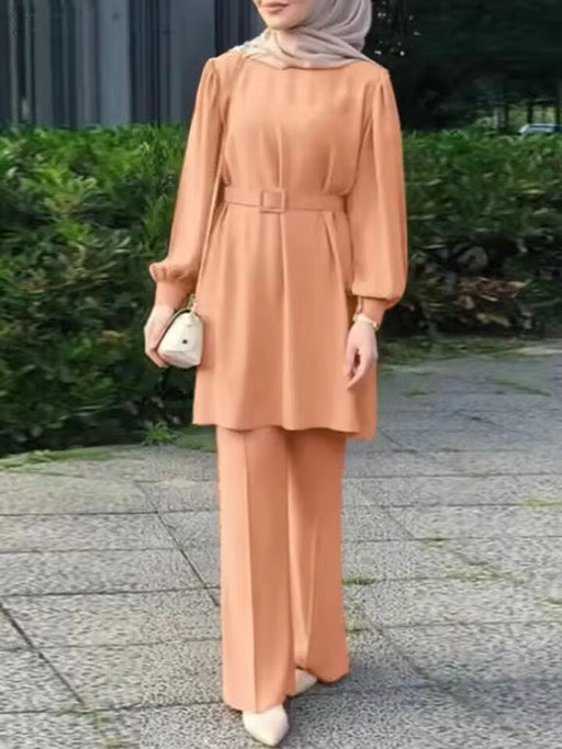 Elegant Modest Two-Piece Set – Belted Tunic & Wide-Leg Pants