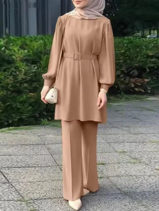 Elegant Modest Two-Piece Set – Belted Tunic & Wide-Leg Pants